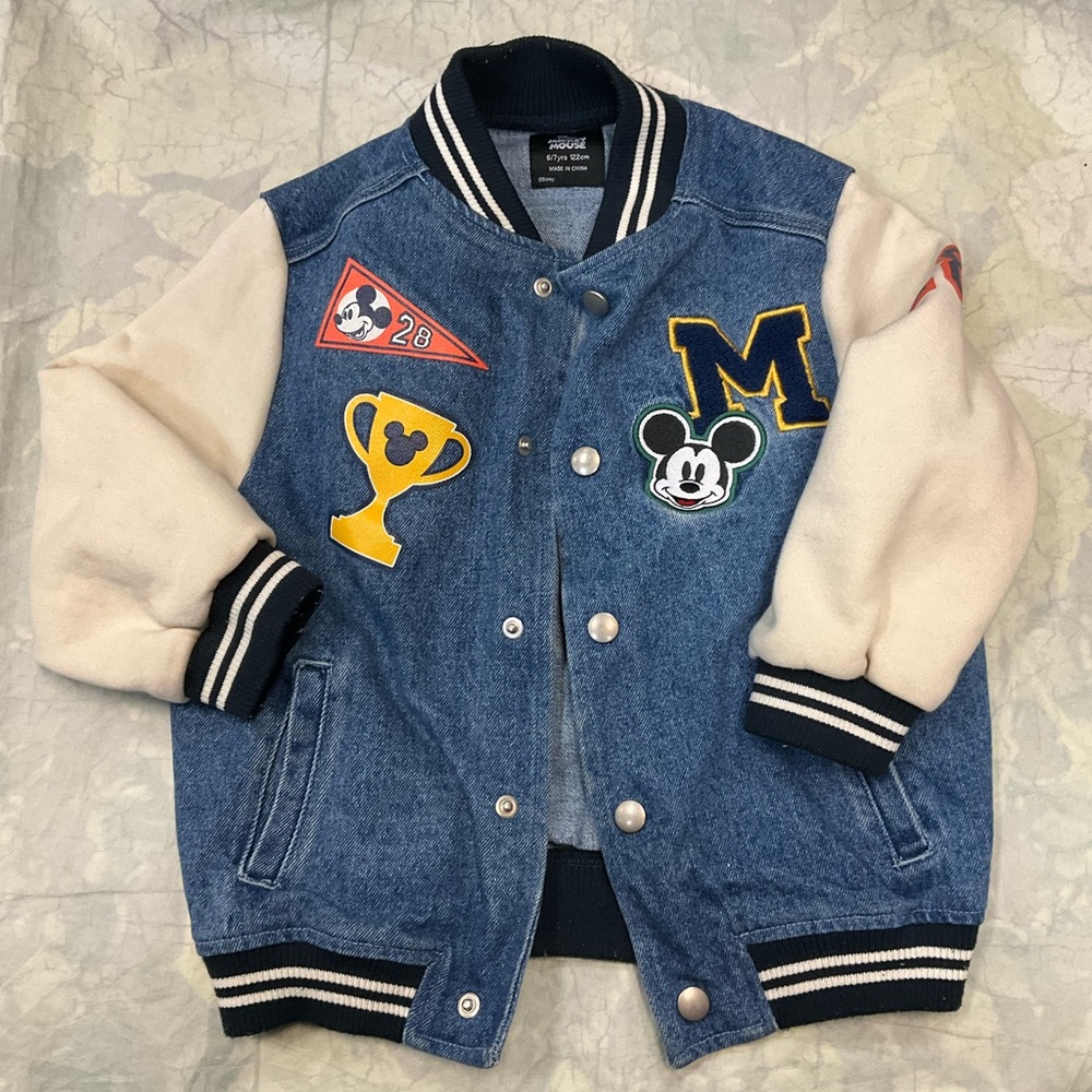 Disney Denim & Cream Mickey Varsity Jacket for Kids